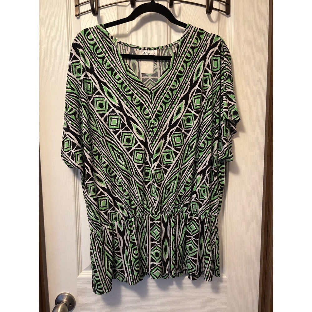 N Touch Green Geometric Ikat V-Neck Elastic Waist Blouse XL 4FVO